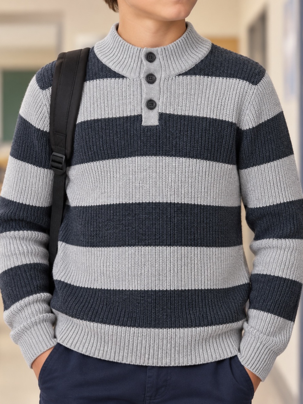 🎒📚 OshKosh B’gosh Boys Size 14/14A Preppy Gray Striped Mock-Neck Sweater